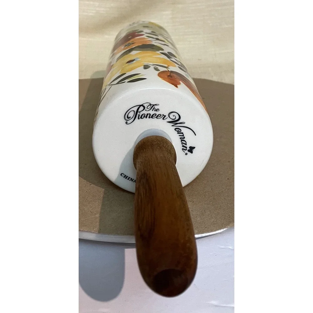 Pioneer Woman RETIRED ceramic Rolling Pin Fall Flowers Autumn Harvest Floral